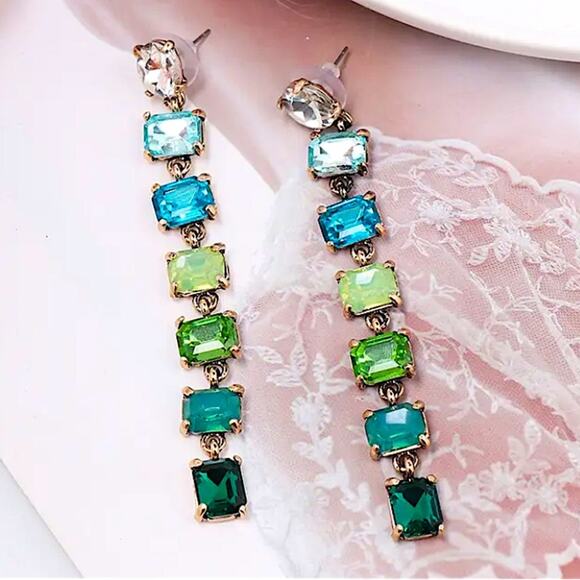 Antique Gold Emerald Cut Crystal Opal Sapphire Aquamarine Tassel Drop Earrings - Picture 11 of 12